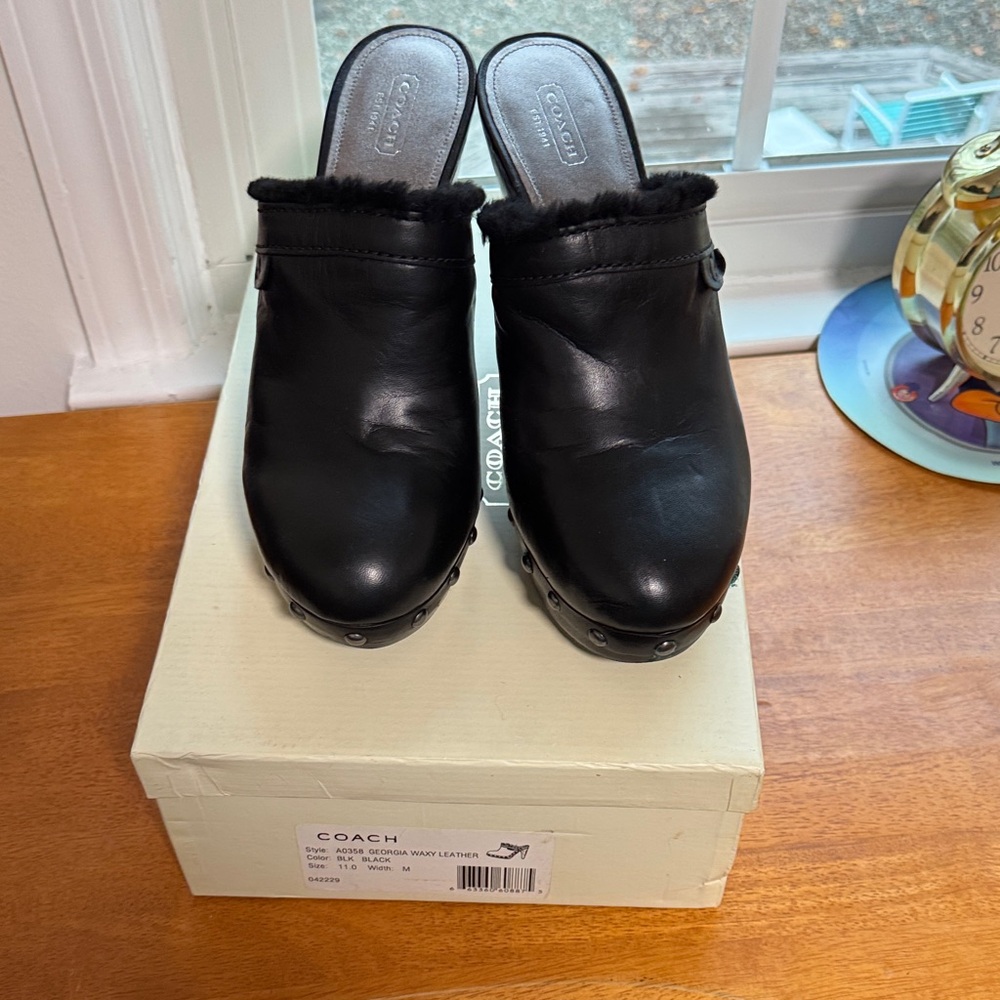 Coach Black Fur-Trimmed Women's Mules